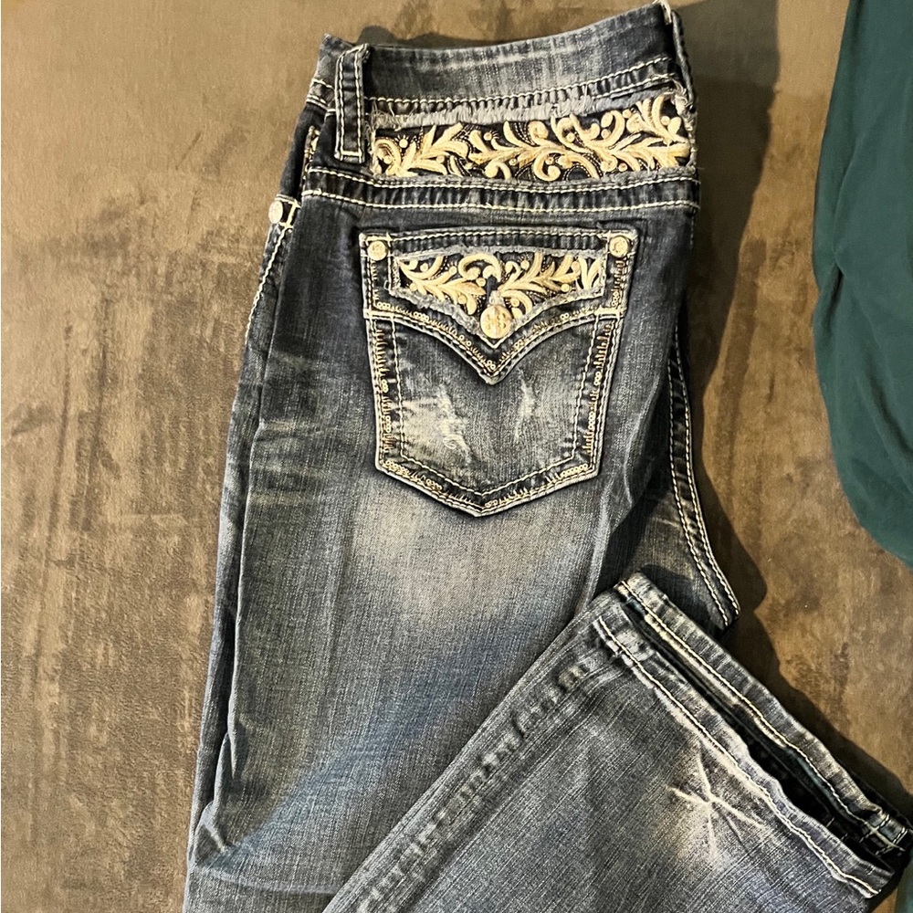 Miss Me Dark Blue Boot Cut Jeans with Gold Embroidery